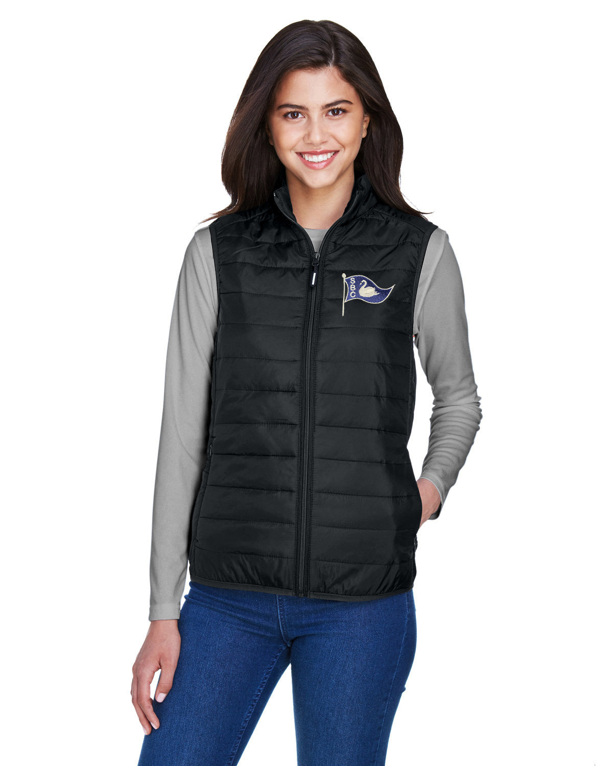 Ladies' Prevail Packable Puffer Vest with Swan embroidered burgee