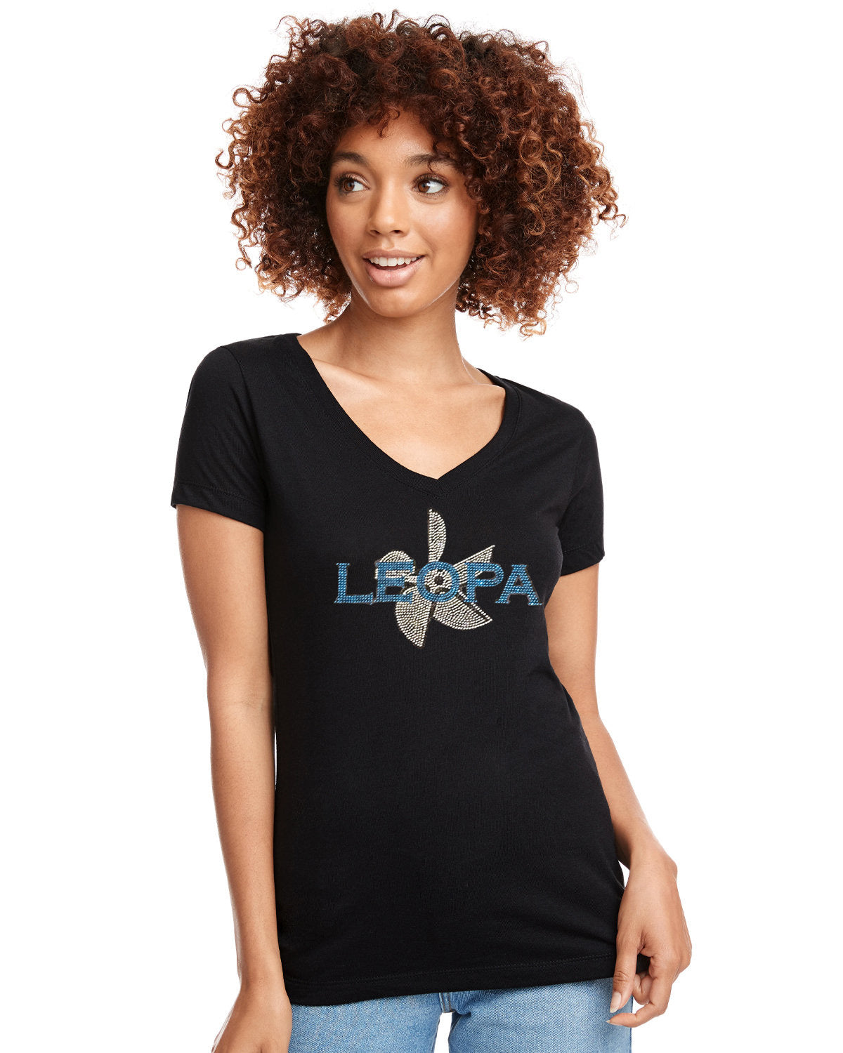 Black V-Neck Soft tee with LEOPA Rhinestone logo on Front