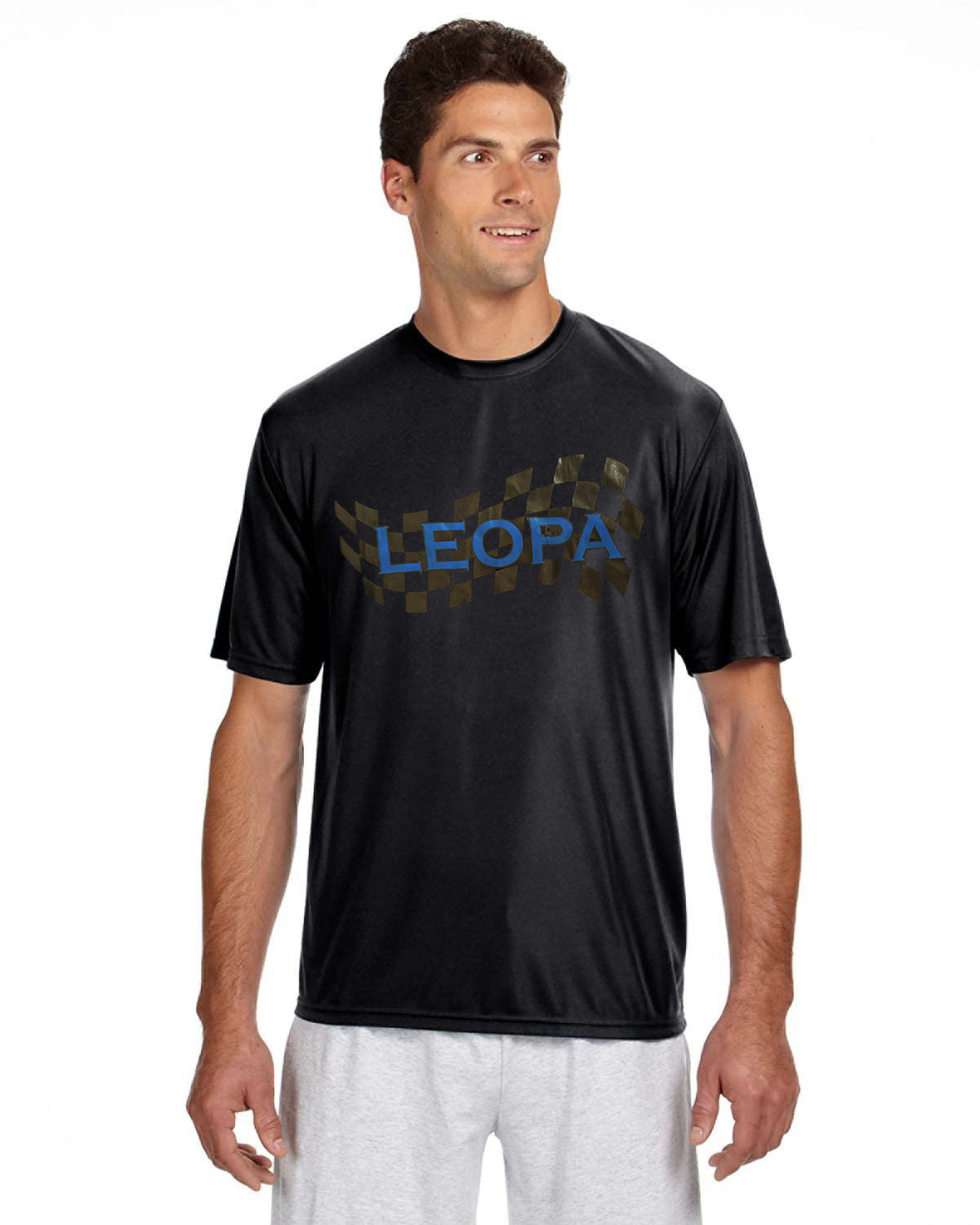 Black LEOPA racing flag A4 tee
